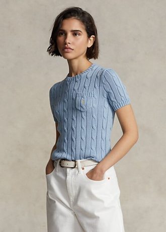 AZURE naisten Ralph Lauren kaapeli-neulotut puuvillaiset lyhythihaiset villapaidat