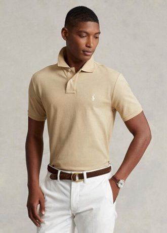 Beige miesten Ralph Lauren mukautetut Slim Fit mesh poolopaidat