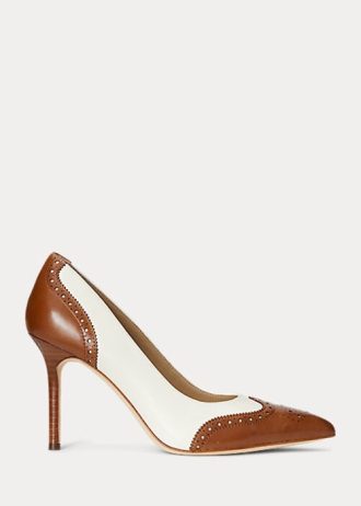 Beige/valkoinen naisten Ralph Lauren Lynden Nappa & Kiillotetut nahkaiset korkokengät