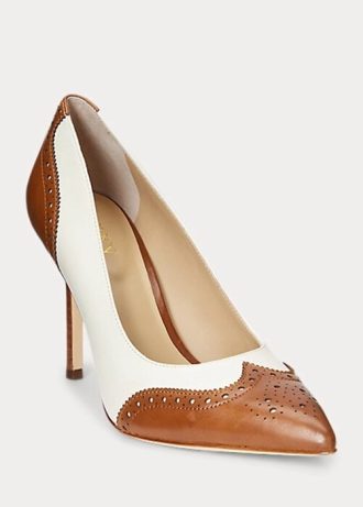 Beige/valkoinen naisten Ralph Lauren Lynden Nappa & Kiillotetut nahkaiset korkokengät