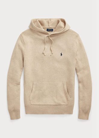 Beiget miesten Ralph Lauren -kuvioidut puuvillahupulliset neulepuserot Beiget miesten Ralph Lauren -kuvioidut puuvillahupulliset neulepuserot