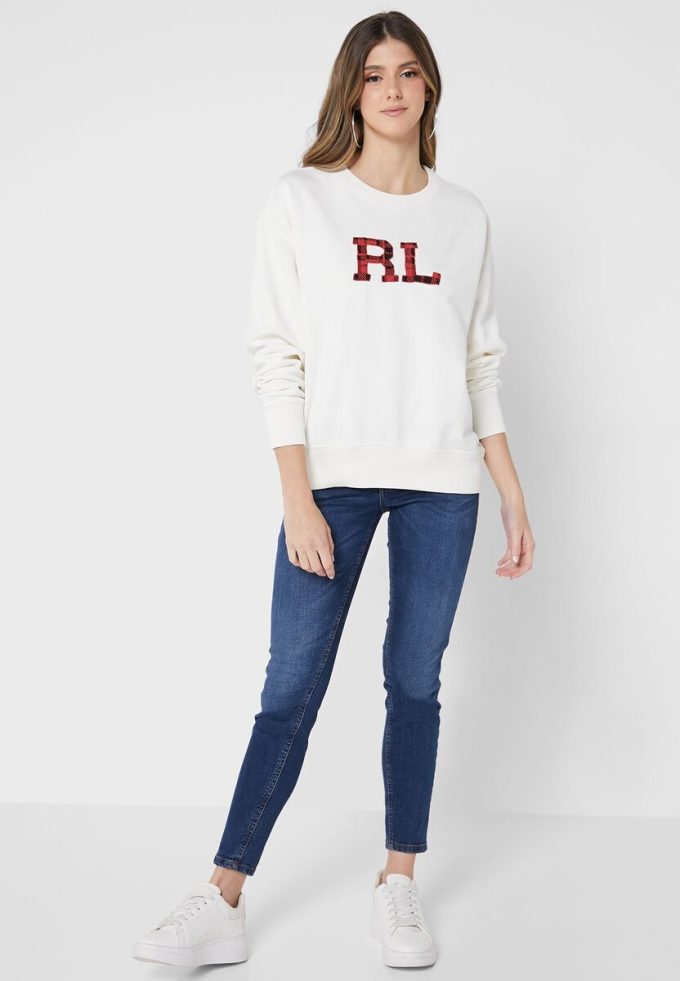 Beiget naisten Ralph Lauren Graphic -neulotut villapaidat Beiget naisten Ralph Lauren Graphic -neulotut villapaidat