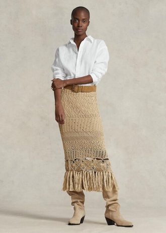 Beiget naisten Ralph Lauren Pointelle -neulotut makrame-hapsuhameet Beiget naisten Ralph Lauren Pointelle -neulotut makrame-hapsuhameet