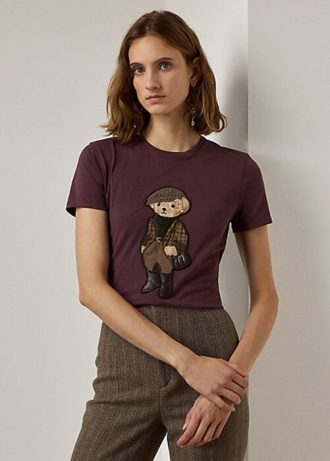 Burgundin naisten Ralph Lauren Tweed Polo Bear puuvillaiset T-paidat Burgundin naisten Ralph Lauren Tweed Polo Bear puuvillaiset T-paidat
