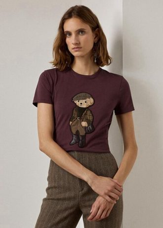 Burgundy naisten Ralph Lauren Tweed Bear puuvilla T-paidat Burgundy naisten Ralph Lauren Tweed Bear puuvilla T-paidat