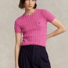 Fuchsia naisten Ralph Lauren kaapeli-neulotut puuvillaiset lyhythihaiset neuleet Fuchsia naisten Ralph Lauren kaapeli-neulotut puuvillaiset lyhythihaiset neuleet