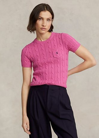 Fuchsia naisten Ralph Lauren kaapeli-neulotut puuvillaiset lyhythihaiset neuleet