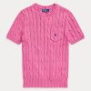 Fuchsia naisten Ralph Lauren kaapeli-neulotut puuvillaiset lyhythihaiset neuleet Fuchsia naisten Ralph Lauren kaapeli-neulotut puuvillaiset lyhythihaiset neuleet