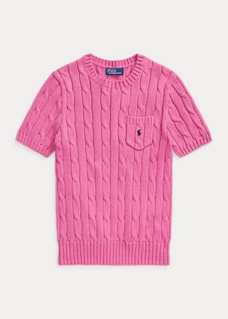 Fuchsia naisten Ralph Lauren kaapeli-neulotut puuvillaiset lyhythihaiset neuleet