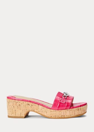Fuchsia naisten Ralph Lauren Roxanne kohokuvioidut nahkasandaalit