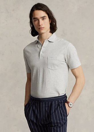 Harmaa miesten Ralph Lauren Custom Slim Fit puuvilla-pellava poolopaidat