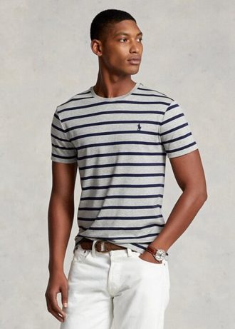 Harmaa miesten Ralph Lauren mukautetut ohuet raidalliset pehmeät puuvillaiset T-paidat
