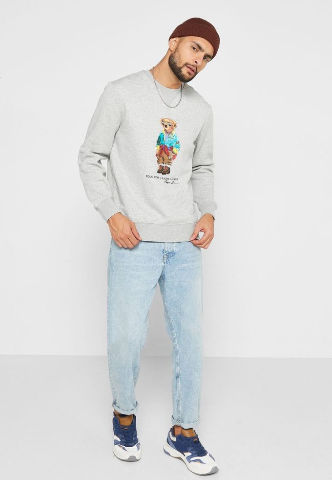 Harmaa miesten Ralph Lauren -painattu Polo Bear -huppari