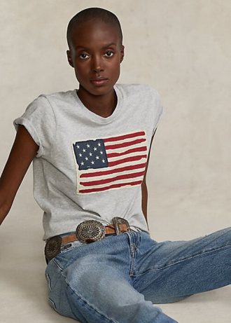 Harmaa naisten Ralph Lauren Flag Cotton Jersey T-paidat Harmaa naisten Ralph Lauren Flag Cotton Jersey T-paidat