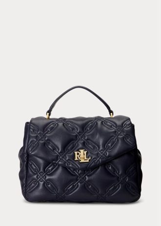 Hienostuneet laivastonväriset naisten Ralph Lauren tikatut nahkaiset keskikokoiset Farrah-laukut
