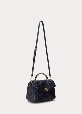 Hienostuneet laivastonväriset naisten Ralph Lauren tikatut nahkaiset keskikokoiset Farrah-laukut