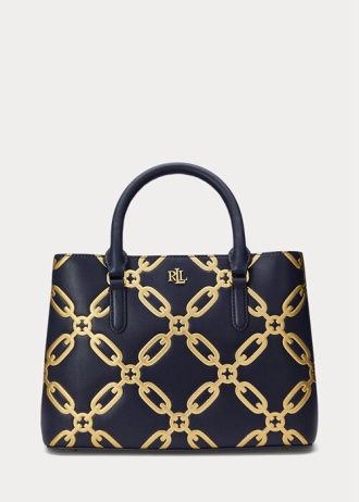 Hienostunut laivastonsininen/moderni kultainen naisten Ralph Lauren -kalvopainatusnahkainen keskikokoiset Marcy-laukut