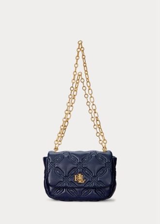 Hienostunut laivastonsininen naisten Ralph Lauren tikattu nappanahkainen keskikokoiset olkalaukut