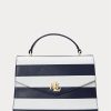 Hienostunut laivastonsininen/valkoinen raidallinen naisten Ralph Lauren -raidallinen nahkainen keskikokoiset farrah-laukut Hienostunut laivastonsininen/valkoinen raidallinen naisten Ralph Lauren -raidallinen nahkainen keskikokoiset farrah-laukut
