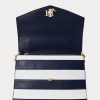 Hienostunut laivastonsininen/valkoinen raidallinen naisten Ralph Lauren -raidallinen nahkainen keskikokoiset farrah-laukut Hienostunut laivastonsininen/valkoinen raidallinen naisten Ralph Lauren -raidallinen nahkainen keskikokoiset farrah-laukut
