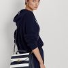 Hienostunut laivastonsininen/valkoinen raidallinen naisten Ralph Lauren -raidallinen nahkainen keskikokoiset farrah-laukut Hienostunut laivastonsininen/valkoinen raidallinen naisten Ralph Lauren -raidallinen nahkainen keskikokoiset farrah-laukut