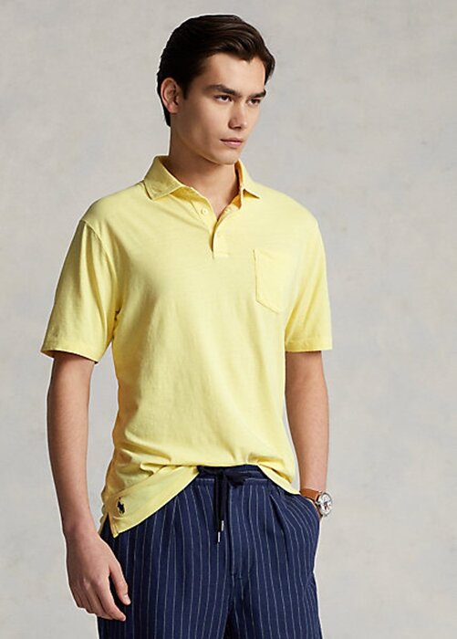 Keltainen miesten Ralph Lauren Classic Fit puuvilla-pellava poolopaidat Keltainen miesten Ralph Lauren Classic Fit puuvilla-pellava poolopaidat
