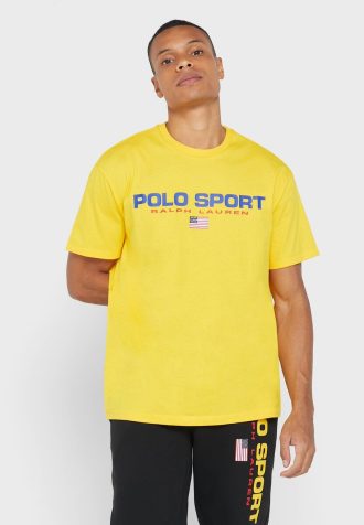 Keltainen miesten Ralph Lauren Logo Crew Neck T-paidat