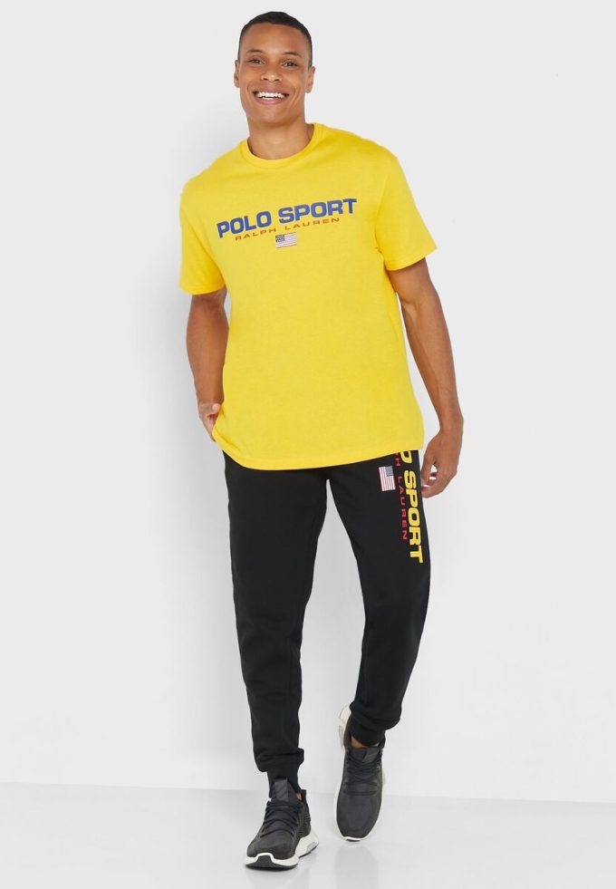 Keltainen miesten Ralph Lauren Logo Crew Neck T-paidat