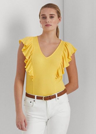 Keltainen naisten Ralph Lauren Ruffle-reunus Rib-neule T-paidat Keltainen naisten Ralph Lauren Ruffle-reunus Rib-neule T-paidat
