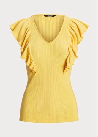 Keltainen naisten Ralph Lauren Ruffle-reunus Rib-neule T-paidat Keltainen naisten Ralph Lauren Ruffle-reunus Rib-neule T-paidat