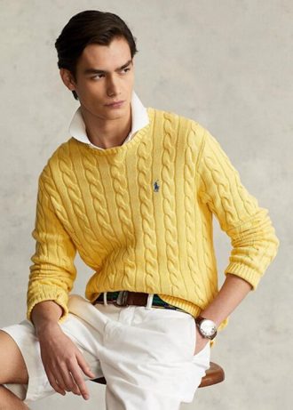 Keltaiset miesten Ralph Lauren kaapelineulotut puuvillaiset neulepuserot Keltaiset miesten Ralph Lauren kaapelineulotut puuvillaiset neulepuserot