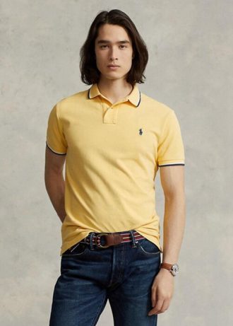 Keltaiset miesten Ralph Lauren mukautetut Slim Fit mesh poolopaidat Keltaiset miesten Ralph Lauren mukautetut Slim Fit mesh poolopaidat