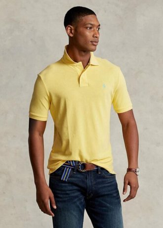 Keltaiset miesten Ralph Lauren mukautetut Slim Fit mesh poolopaidat Keltaiset miesten Ralph Lauren mukautetut Slim Fit mesh poolopaidat
