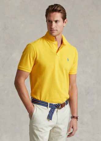 Keltaiset miesten Ralph Lauren mukautetut Slim Fit mesh poolopaidat Keltaiset miesten Ralph Lauren mukautetut Slim Fit mesh poolopaidat