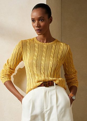Keltaiset naisten Ralph Lauren kaapelineulotut silkki neulepuserot