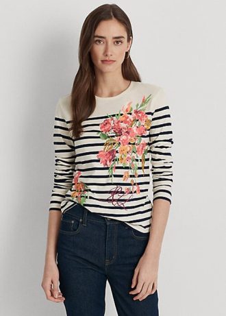 Kermanvärinen / laivasto naisten Ralph Lauren kukka- & Raidallinen Jersey pitkähihaiset T-paidat Kermanvärinen / laivasto naisten Ralph Lauren kukka- & Raidallinen Jersey pitkähihaiset T-paidat