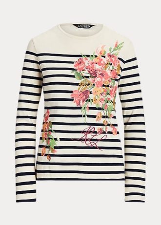 Kermanvärinen / laivasto naisten Ralph Lauren kukka- & Raidallinen Jersey pitkähihaiset T-paidat Kermanvärinen / laivasto naisten Ralph Lauren kukka- & Raidallinen Jersey pitkähihaiset T-paidat