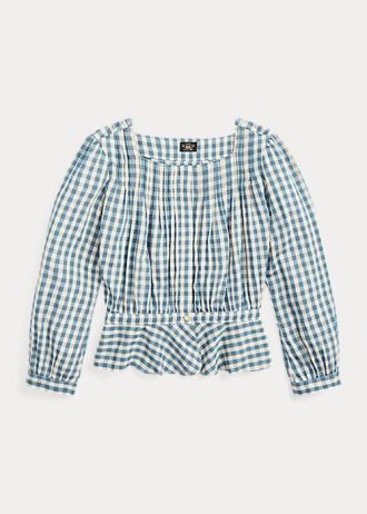 Kermanvärinen / sininen naisten Ralph Lauren Gingham Voile Peplum -puseropaidat Kermanvärinen / sininen naisten Ralph Lauren Gingham Voile Peplum -puseropaidat