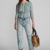 Kermanvärinen / sininen naisten Ralph Lauren Gingham Voile Peplum -puseropaidat Kermanvärinen / sininen naisten Ralph Lauren Gingham Voile Peplum -puseropaidat