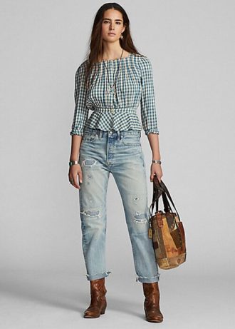 Kermanvärinen / sininen naisten Ralph Lauren Gingham Voile Peplum -puseropaidat Kermanvärinen / sininen naisten Ralph Lauren Gingham Voile Peplum -puseropaidat