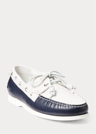 Kermanväriset/laivastonsiniset miesten Ralph Lauren Mertonin kaksiväriset nahkaiset vapaa-ajan kengät Kermanväriset/laivastonsiniset miesten Ralph Lauren Mertonin kaksiväriset nahkaiset vapaa-ajan kengät