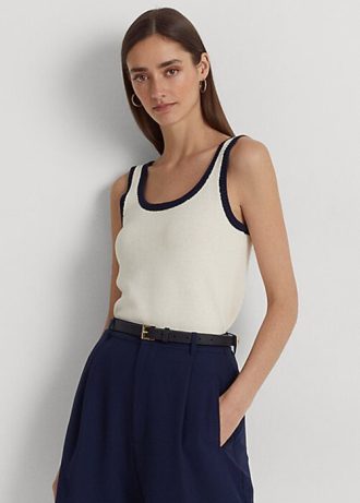 Kermanväriset/laivastonsiniset naisten Ralph Lauren -kaksisävyiset hihattomat villapaidat Kermanväriset/laivastonsiniset naisten Ralph Lauren -kaksisävyiset hihattomat villapaidat