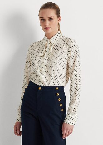 Kermanväriset / laivastonsiniset Naisten Ralph Lauren Polka-Dot Tie-Neck Crepe paidat Kermanväriset / laivastonsiniset Naisten Ralph Lauren Polka-Dot Tie-Neck Crepe paidat