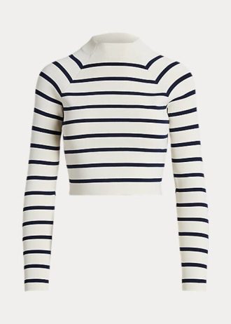 Kermanväriset/laivastonsiniset naisten Ralph Lauren -raidalliset röyhelöpuserot Kermanväriset/laivastonsiniset naisten Ralph Lauren -raidalliset röyhelöpuserot