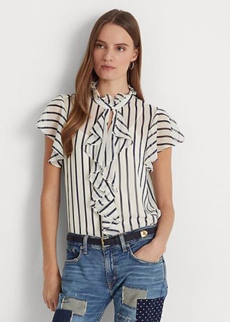 Kermanväriset / laivastonsiniset naisten Ralph Lauren -raidalliset röyhelöt ja sifonkipuseropaidat Kermanväriset / laivastonsiniset naisten Ralph Lauren -raidalliset röyhelöt ja sifonkipuseropaidat