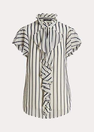 Kermanväriset / laivastonsiniset naisten Ralph Lauren -raidalliset röyhelöt ja sifonkipuseropaidat Kermanväriset / laivastonsiniset naisten Ralph Lauren -raidalliset röyhelöt ja sifonkipuseropaidat