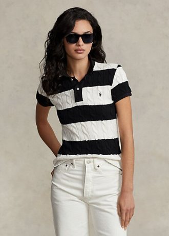 Kermanväriset / mustat naisten Ralph Lauren Slim Fit kaapelineulotut poolopaidat Kermanväriset / mustat naisten Ralph Lauren Slim Fit kaapelineulotut poolopaidat