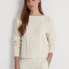 Kermanväriset naisten Ralph Lauren Aran -neulotut puuvillaiset neulepuserot Kermanväriset naisten Ralph Lauren Aran -neulotut puuvillaiset neulepuserot