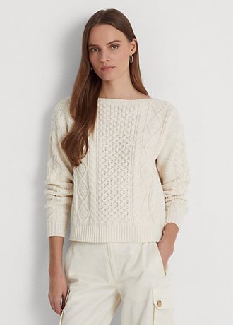 Kermanväriset naisten Ralph Lauren Aran -neulotut puuvillaiset neulepuserot