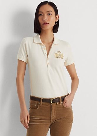 Kermanväriset naisten Ralph Lauren helmillä-Crest pikee poolopaidat Kermanväriset naisten Ralph Lauren helmillä-Crest pikee poolopaidat
